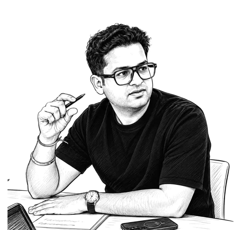 Pen-and-ink illustration of Shashank Sharma at a table, holding a pen, mid-thought